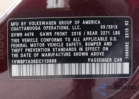 2013 Volkswagen Passat 2.5L Se z USA, uszkodzony, nr VIN 1VWBP7A36DC110896